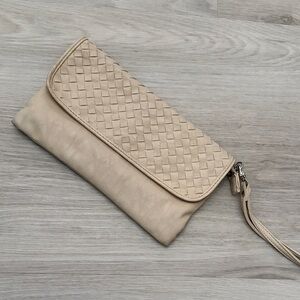 New York & Company Beige Woven Flap Wristlet Clutch